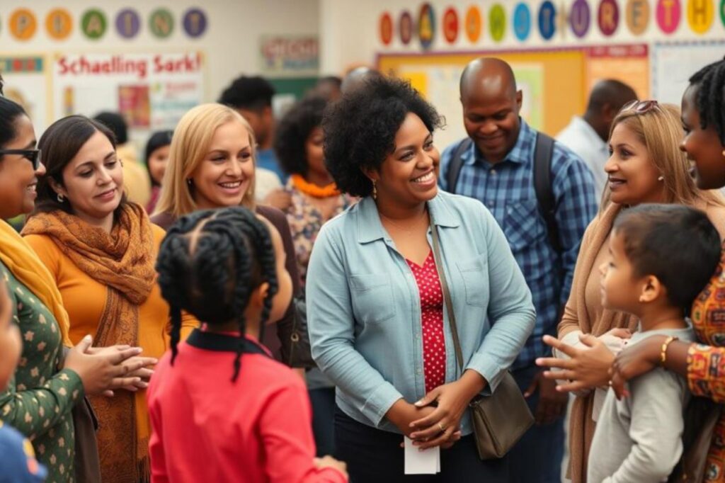 parents at a school event connecting with principal and teachers